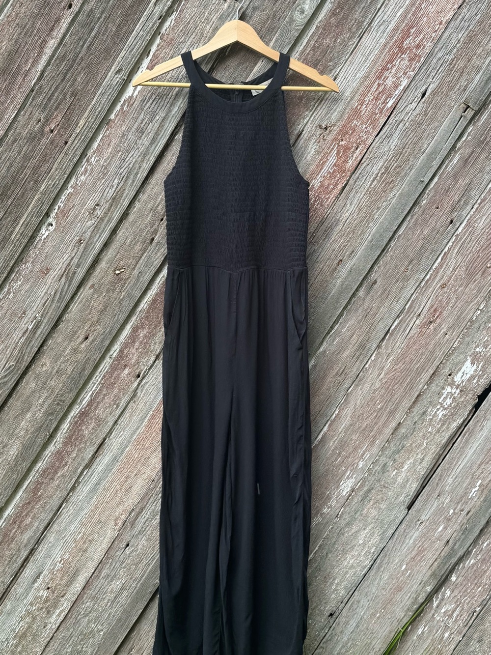 LOFT Black Smocked Wide Leg Jumpsuit Petite 12P Pockets